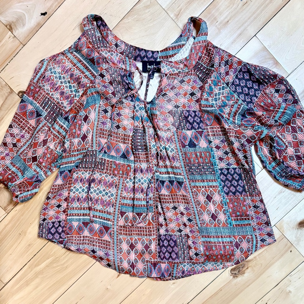 By & By Boho Patchwork Cold Shoulder Peasant Blou… - image 2
